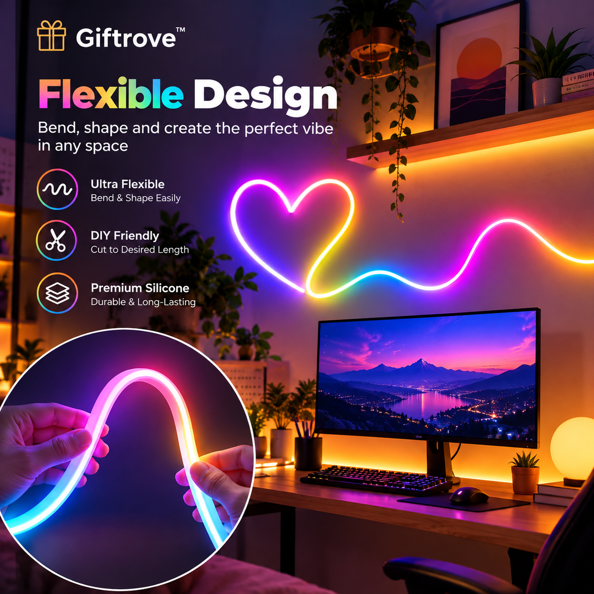 Giftrove RGB Neon LED Strip Light for Home Decoration, Bedroom, Gaming Room & Diwali