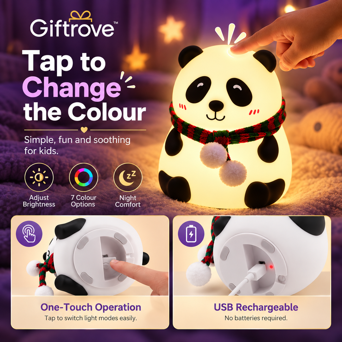 GIFTROVE Panda Silicone Night Light for Kids – Cute LED Lamp & Diwali Gift