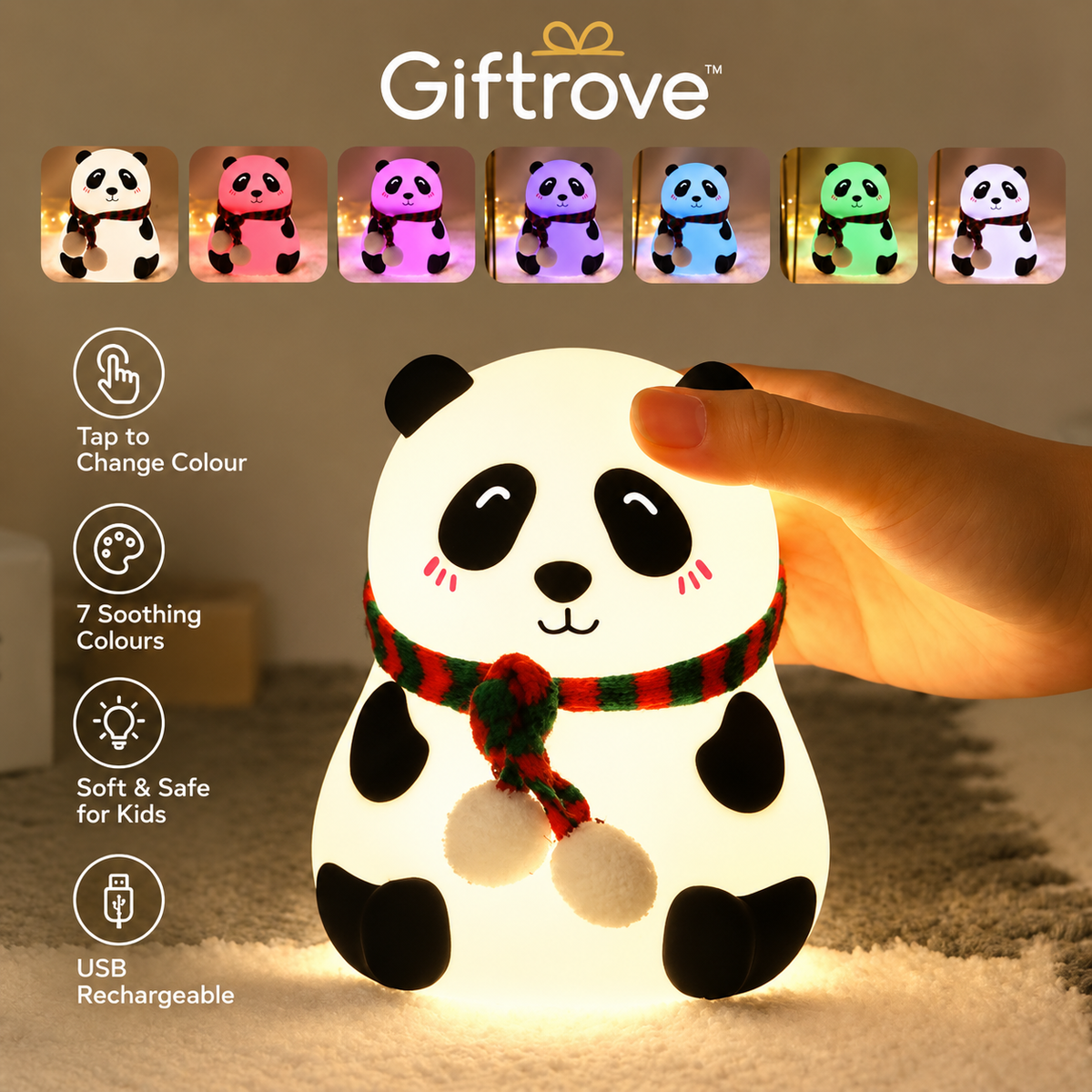 GIFTROVE Panda Silicone Night Light for Kids – Cute LED Lamp & Diwali Gift