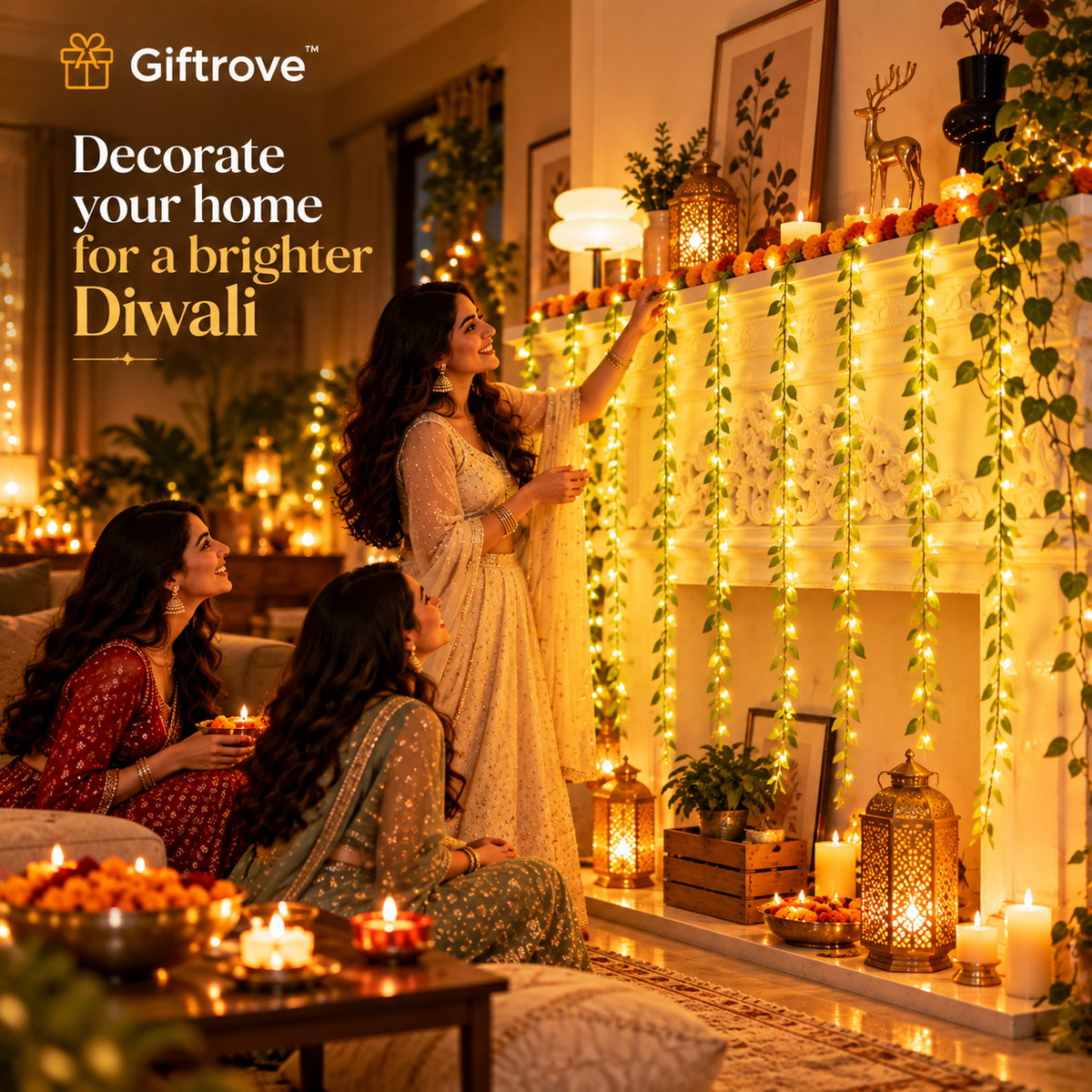 Giftrove Leaf Curtain Lights for Decoration – 3M Warm White LED Fairy Lights for Home & Diwali
