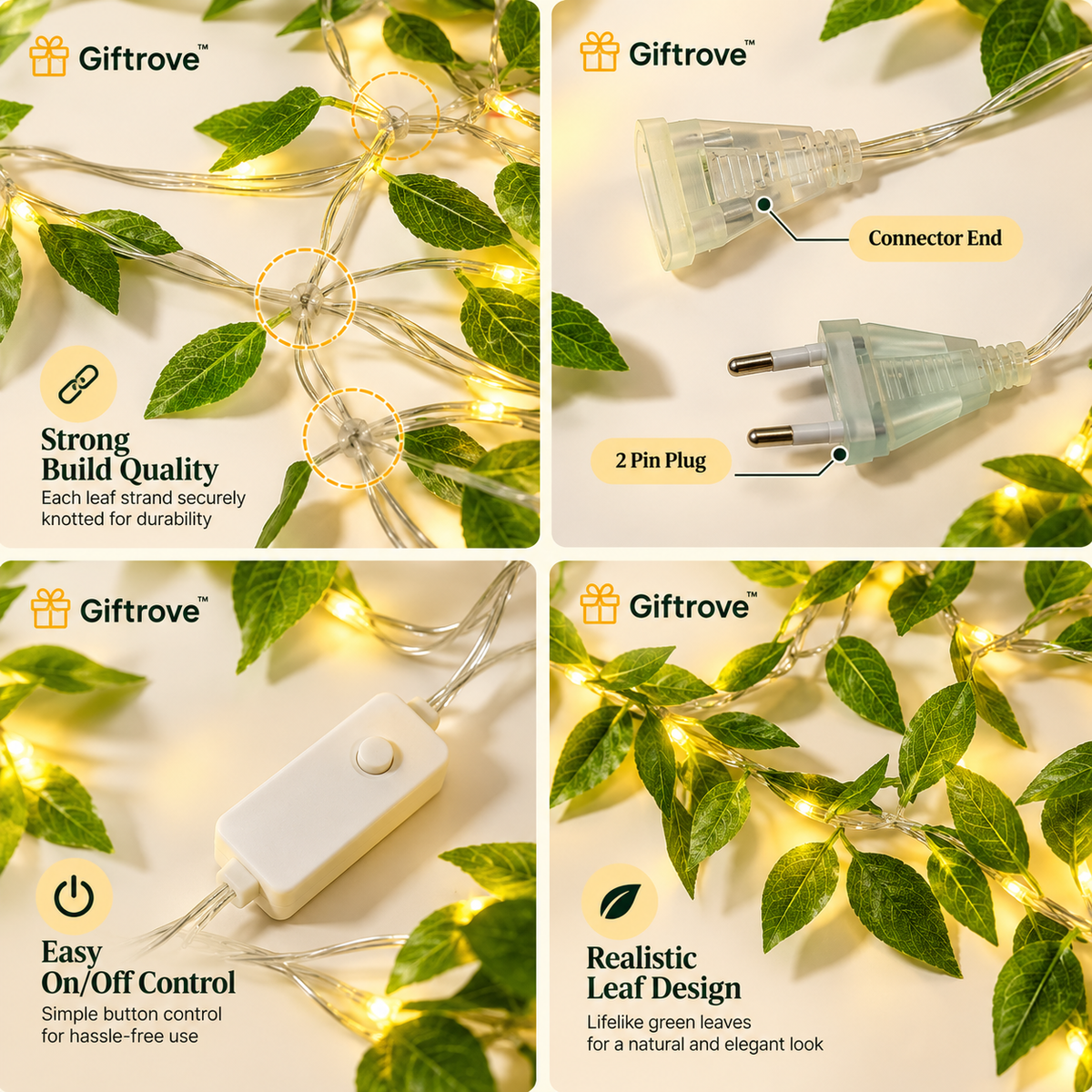 Giftrove Leaf Curtain Lights for Decoration – 3M Warm White LED Fairy Lights for Home & Diwali
