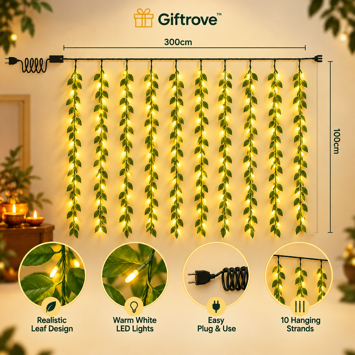 Giftrove Leaf Curtain Lights for Decoration – 3M Warm White LED Fairy Lights for Home & Diwali