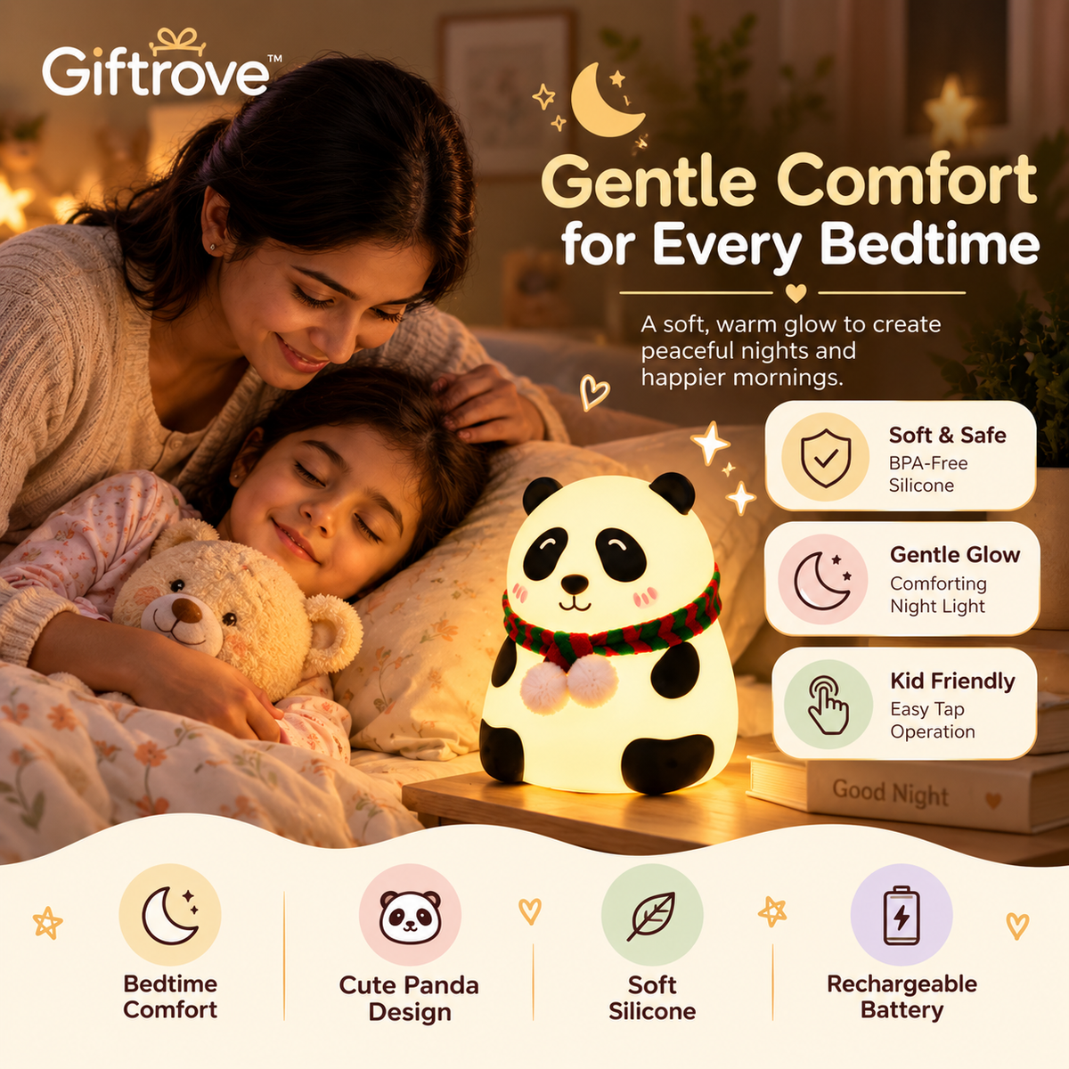 GIFTROVE Panda Silicone Night Light for Kids – Cute LED Lamp & Diwali Gift