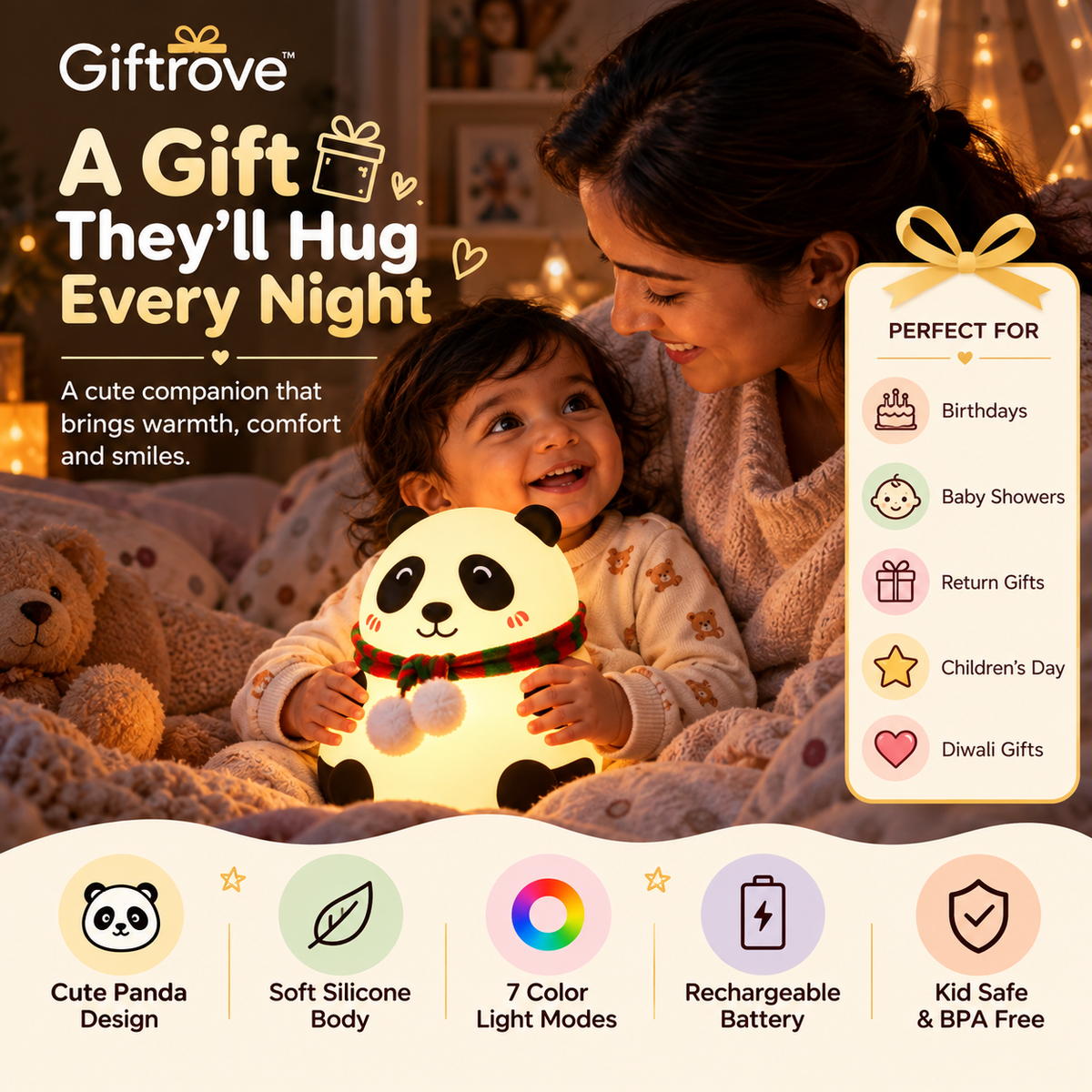 GIFTROVE Panda Silicone Night Light for Kids – Cute LED Lamp & Diwali Gift