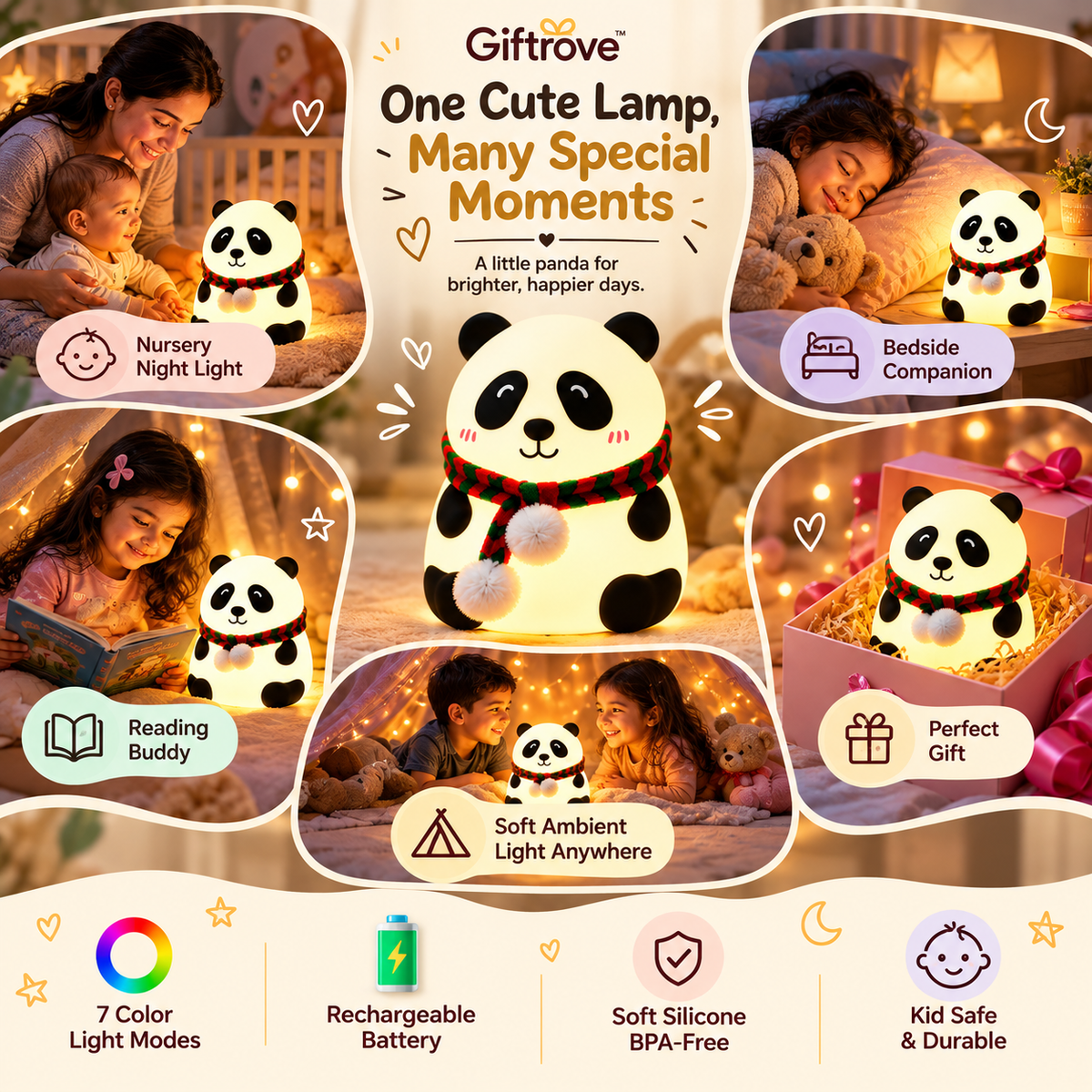 GIFTROVE Panda Silicone Night Light for Kids – Cute LED Lamp & Diwali Gift